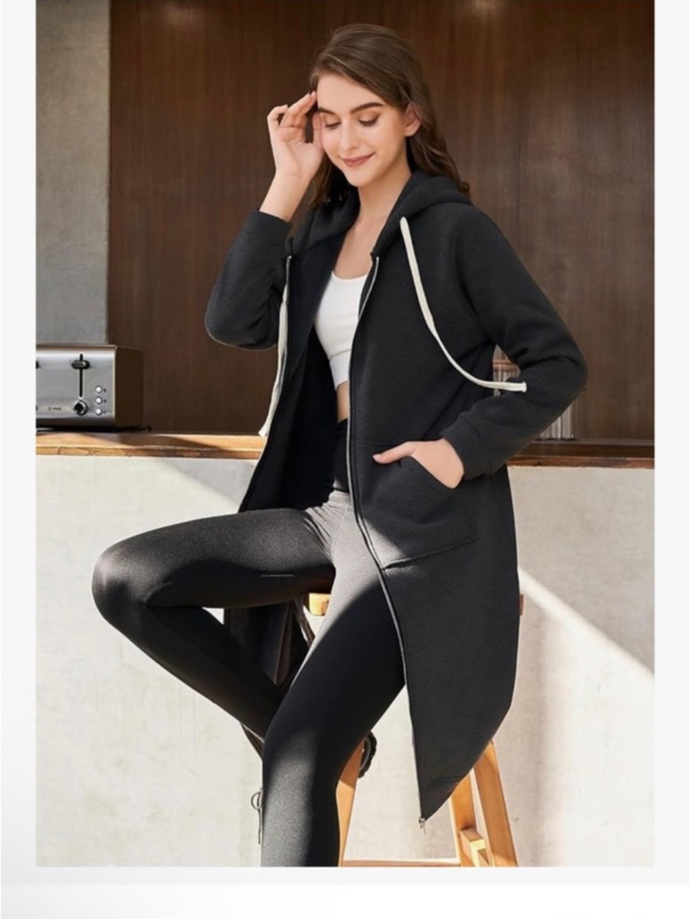 Long Black Zip-Up Hoodie Dress with Drawstrings